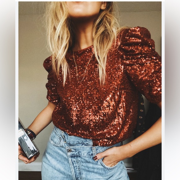Anthropologie Tops - Anthropologie copper sequin puff sleeve blouse gold orange bronze ruffle sparkle